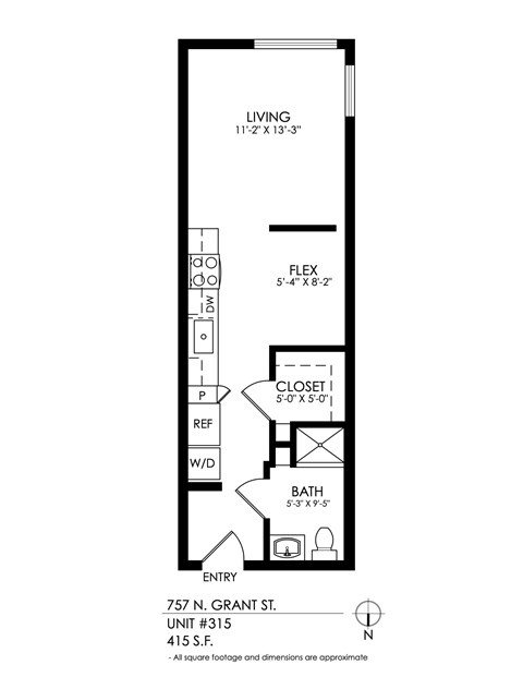 Floor plan for studio, 1 bath, 490 sqft